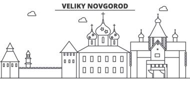 Rusya, Veliki Novgorod mimari satır manzarası illüstrasyon. Doğrusal vektör cityscape ünlü simge, şehir manzaraları, tasarım simgeler. Düzenlenebilir darbeleri ile manzara