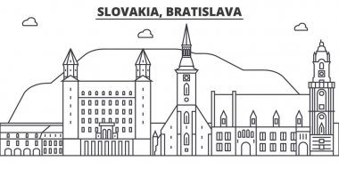 Slovakya, Bratislava mimari satır manzarası illüstrasyon. Doğrusal vektör cityscape ünlü simge, şehir manzaraları, tasarım simgeler. Düzenlenebilir darbeleri ile manzara