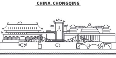 Çin, Chongqing mimari satır manzarası illüstrasyon. Doğrusal vektör cityscape ünlü simge, şehir manzaraları, tasarım simgeler. Düzenlenebilir darbeleri ile manzara