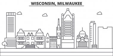 Wisconsin, Milwaukee şehir mimarisi satır manzarası illüstrasyon. Doğrusal vektör cityscape ünlü simge, şehir manzaraları, tasarım simgeler. Düzenlenebilir darbeleri ile manzara