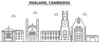 İngiltere Cambridge Mimarlık satır manzarası illüstrasyon. Doğrusal vektör cityscape ünlü simge, şehir manzaraları, tasarım simgeler. Düzenlenebilir darbeleri ile manzara