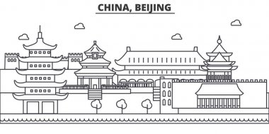 Çin, Beijing mimari satır manzarası illüstrasyon. Doğrusal vektör cityscape ünlü simge, şehir manzaraları, tasarım simgeler. Düzenlenebilir darbeleri ile manzara