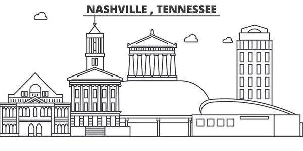 ナッシュビル、テネシー州建築線スカイラインの図。有名なランドマーク、観光、デザイン アイコンと線形ベクトル街並み。編集可能なストロークのある風景します。 — ストックベクタ