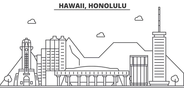 夏威夷，火奴鲁鲁建筑线天际线图。线性向量的景观，如著名的地标，市内的旅游景点，设计图标。景观与可编辑笔触 — 图库矢量图片