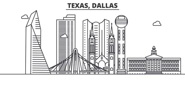 Texas Dallas architecture line skyline illustration (en inglés). Paisaje urbano vector lineal con monumentos famosos, lugares de interés de la ciudad, iconos de diseño. Paisaje con trazos editables — Vector de stock