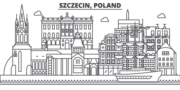 Polsko, Szczecin architektura linie Panorama ilustrace. Lineární vektorové panoráma s slavných památek, pamětihodností města, ikony designu. Krajina s upravitelnou tahy — Stockový vektor