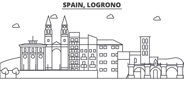 Španělsko, Logroño architektura linie Panorama ilustrace. Lineární vektorové panoráma s slavných památek, pamětihodností města, ikony designu. Krajina s upravitelnou tahy — Stockový vektor