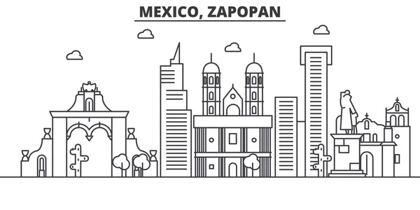 Mexiko, Zapopan architektura linie Panorama ilustrace. Lineární vektorové panoráma s slavných památek, pamětihodností města, ikony designu. Krajina s upravitelnou tahy — Stockový vektor