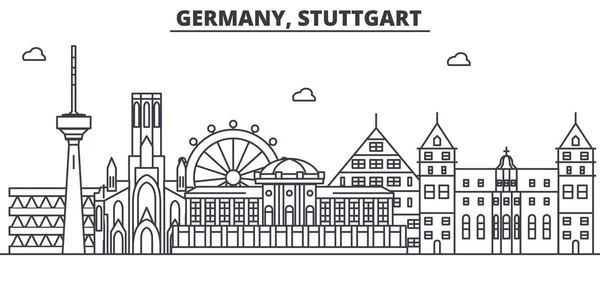 독일, 슈투트가르트 건축 선 스카이 라인 일러스트입니다. 유명한 랜드마크, 시티 명소와 선형 벡터 풍경 디자인 아이콘. 편집 가능한 선 프리 — 스톡 벡터