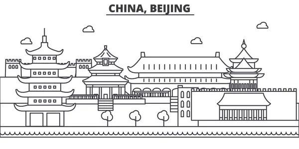 中国，北京建筑线天际线图。线性向量的景观，如著名的地标，市内的旅游景点，设计图标。景观与可编辑笔触 — 图库矢量图片