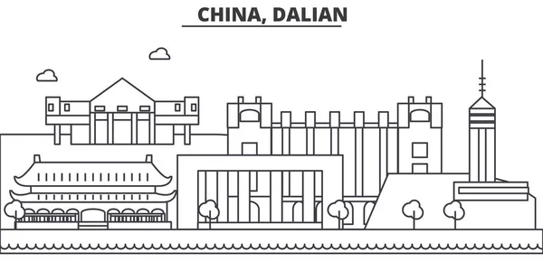 中国、桂林建築線スカイラインの図。有名なランドマーク、観光、デザイン アイコンと線形ベクトル街並み。編集可能なストロークのある風景します。 — ストックベクタ