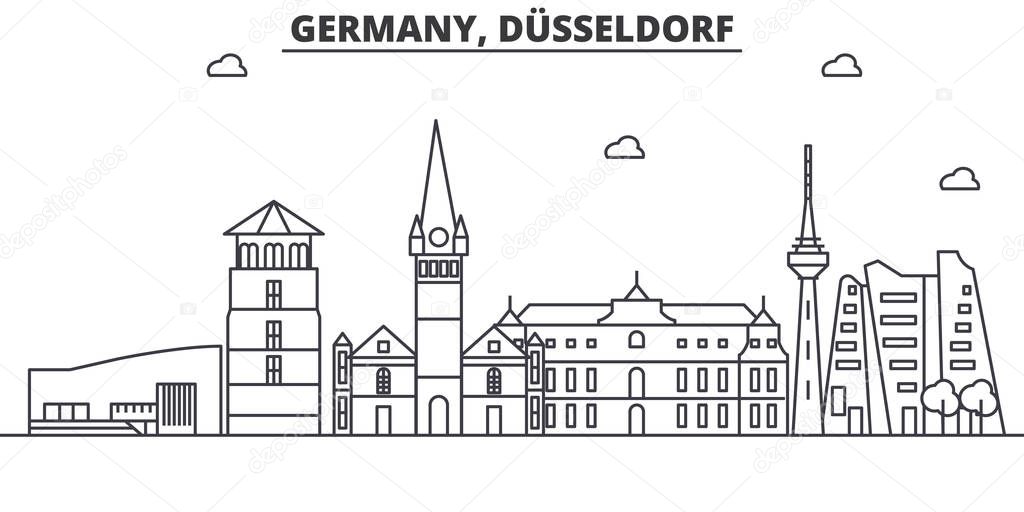 Germany, Dusseldorf architecture line skyline illustration. Linear vector cityscape with famous landmarks, city sights, design icons. Editable strokes