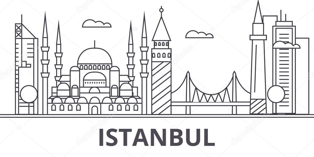 Istanbul architecture line skyline illustration. Linear vector cityscape with famous landmarks, city sights, design icons. Landscape wtih editable strokes