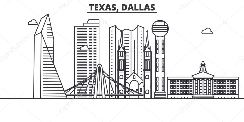 Texas Dallas architecture line skyline illustration. Linear vector cityscape with famous landmarks, city sights, design icons. Landscape wtih editable strokes