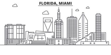 Florida Miami mimari satır manzarası illüstrasyon. Doğrusal vektör cityscape ünlü simge, şehir manzaraları, tasarım simgeler. Düzenlenebilir darbeleri ile manzara