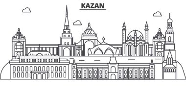 Rusya, Kazan mimari satır manzarası illüstrasyon. Doğrusal vektör cityscape ünlü simge, şehir manzaraları, tasarım simgeler. Düzenlenebilir darbeleri ile manzara