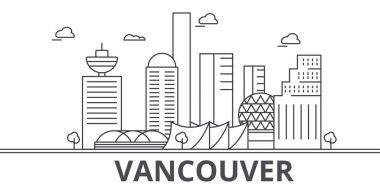 Vancouver mimari satır manzarası illüstrasyon. Doğrusal vektör cityscape ünlü simge, şehir manzaraları, tasarım simgeler. Düzenlenebilir darbeleri ile manzara