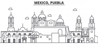 Meksika, Puebla mimari satır manzarası illüstrasyon. Doğrusal vektör cityscape ünlü simge, şehir manzaraları, tasarım simgeler. Düzenlenebilir darbeleri ile manzara