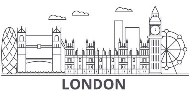 Londra mimari satır manzarası illüstrasyon. Doğrusal vektör cityscape ünlü simge, şehir manzaraları, tasarım simgeler. Düzenlenebilir darbeleri ile manzara