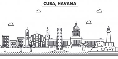 Küba, Havana Mimarlık satır manzarası illüstrasyon. Doğrusal vektör cityscape ünlü simge, şehir manzaraları, tasarım simgeler. Düzenlenebilir darbeleri ile manzara