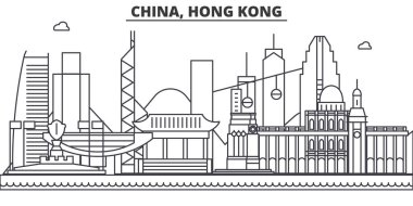 Çin, Hong Kong 1 mimari satır manzarası illüstrasyon. Doğrusal vektör cityscape ünlü simge, şehir manzaraları, tasarım simgeler. Düzenlenebilir darbeleri ile manzara