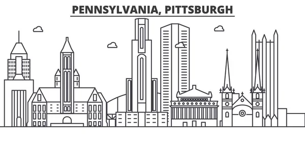 Pennsylvania Pittsburgh architektura linie Panorama ilustrace. Lineární vektorové panoráma s slavných památek, pamětihodností města, ikony designu. Krajina s upravitelnou tahy — Stockový vektor