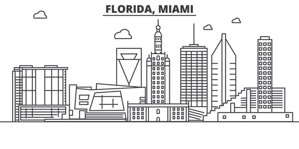 Florida miami architektur line skyline illustration. Linearer Vektor Stadtbild mit berühmten Wahrzeichen, Sehenswürdigkeiten, Design-Ikonen. Landschaft mit editierbaren Strichen — Stockvektor