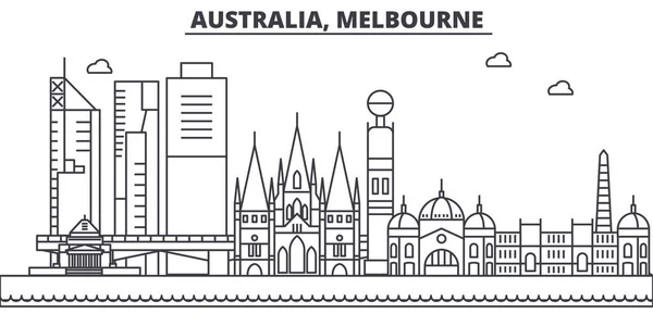 オーストラリア、メルボルンの建築線のスカイラインの図。有名なランドマーク、観光、デザイン アイコンと線形ベクトル街並み。編集可能なストロークのある風景します。 — ストックベクタ