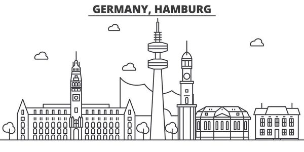 Alemania, línea de arquitectura de Hamburgo skyline ilustración. Paisaje urbano vector lineal con monumentos famosos, lugares de interés de la ciudad, iconos de diseño. Paisaje con trazos editables — Vector de stock