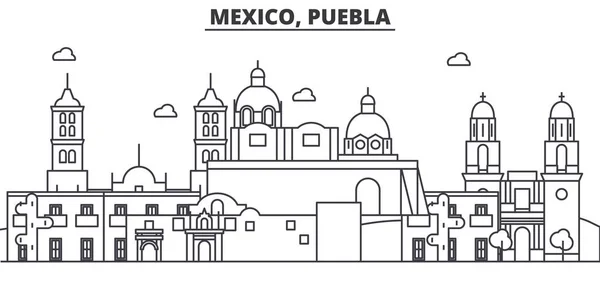 Mexique, Puebla architecture ligne skyline illustration. Paysage urbain vectoriel linéaire avec des monuments célèbres, des sites de la ville, des icônes de design. Paysage wtih coups modifiables — Image vectorielle