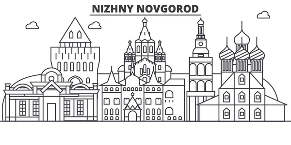 Rusko, Nižnij Novgorod architektura linie Panorama ilustrace. Lineární vektorové panoráma s slavných památek, pamětihodností města, ikony designu. Krajina s upravitelnou tahy — Stockový vektor