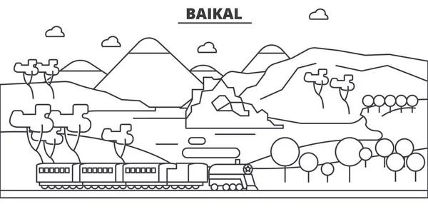 ロシア、バイカル湖建築線スカイラインの図。有名なランドマーク、観光、デザイン アイコンと線形ベクトル街並み。編集可能なストロークのある風景します。 — ストックベクタ