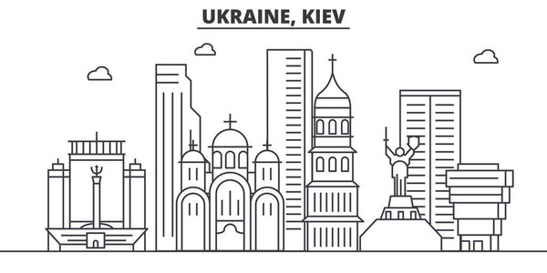 Ukraine, Kiev architecture line skyline illustration. Linear vector cityscape with famous landmarks, city sights, design icons. Landscape wtih editable strokes