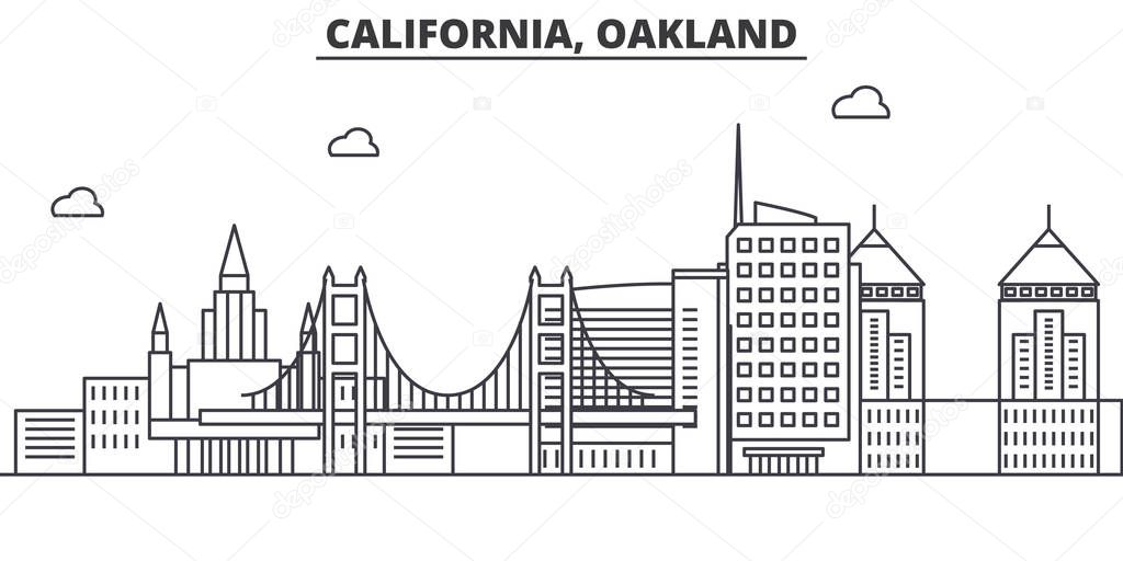 California Oakland architecture line skyline illustration. Linear vector cityscape with famous landmarks, city sights, design icons. Landscape wtih editable strokes