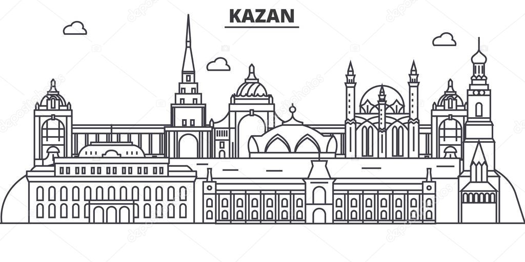 Russia, Kazan architecture line skyline illustration. Linear vector cityscape with famous landmarks, city sights, design icons. Landscape wtih editable strokes