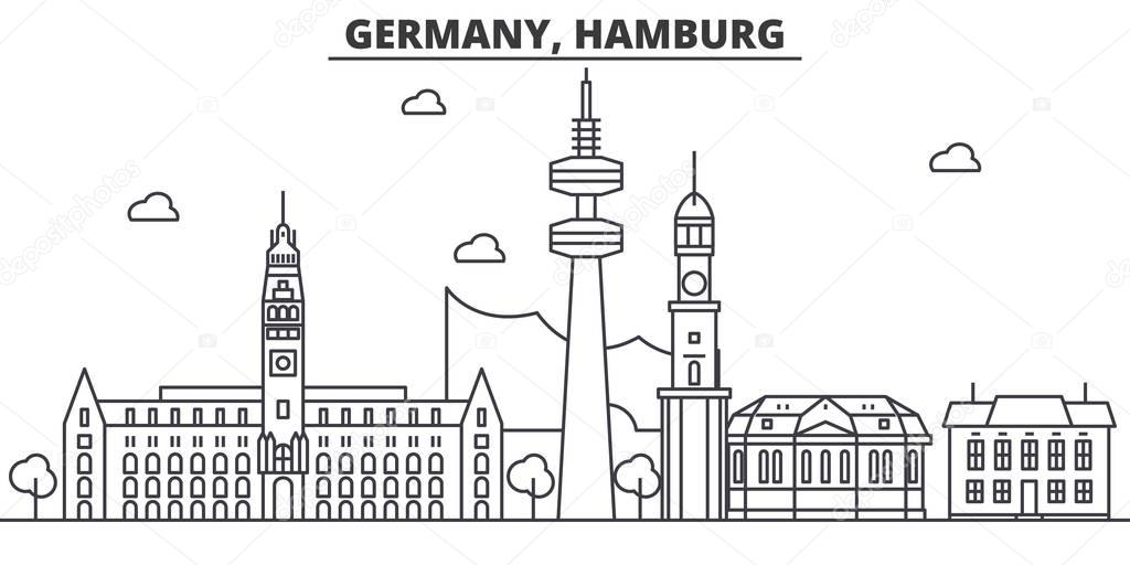 Germany, Hamburg architecture line skyline illustration. Linear vector cityscape with famous landmarks, city sights, design icons. Landscape wtih editable strokes