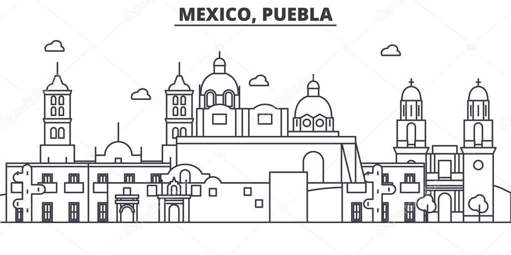 Mexico, Puebla architecture line skyline illustration. Linear vector cityscape with famous landmarks, city sights, design icons. Landscape wtih editable strokes