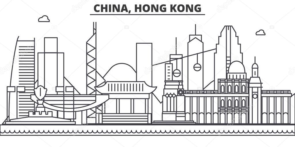 China, Hong Kong 1 architecture line skyline illustration. Linear vector cityscape with famous landmarks, city sights, design icons. Landscape wtih editable strokes