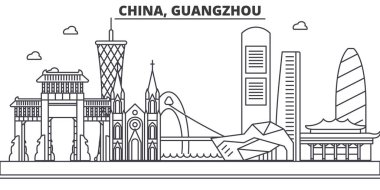 Çin Guangzhou mimari satır manzarası illüstrasyon. Doğrusal vektör cityscape ünlü simge, şehir manzaraları, tasarım simgeler. Düzenlenebilir darbeleri ile manzara