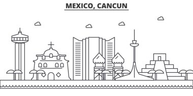 Meksika, Cancun mimari satır manzarası illüstrasyon. Doğrusal vektör cityscape ünlü simge, şehir manzaraları, tasarım simgeler. Düzenlenebilir darbeleri ile manzara