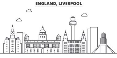 İngiltere'de. Liverpool mimari satır manzarası illüstrasyon. Doğrusal vektör cityscape ünlü simge, şehir manzaraları, tasarım simgeler. Düzenlenebilir darbeleri ile manzara