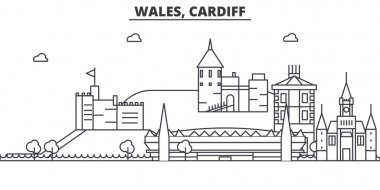 Wales, Cardiff mimari satır manzarası illüstrasyon. Doğrusal vektör cityscape ünlü simge, şehir manzaraları, tasarım simgeler. Düzenlenebilir darbeleri ile manzara
