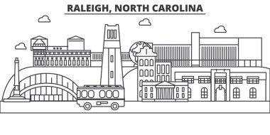 Raleigh, North Carolina mimari satır manzarası illüstrasyon. Doğrusal vektör cityscape ünlü simge, şehir manzaraları, tasarım simgeler. Düzenlenebilir darbeleri ile manzara