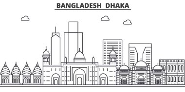 Bangladeş, Dhaka mimari satır manzarası illüstrasyon. Doğrusal vektör cityscape ünlü simge, şehir manzaraları, tasarım simgeler. Düzenlenebilir darbeleri ile manzara
