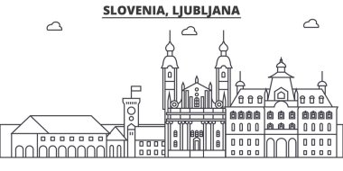 Slovenya, Ljubljana Mimarlık satır manzarası illüstrasyon. Doğrusal vektör cityscape ünlü simge, şehir manzaraları, tasarım simgeler. Düzenlenebilir darbeleri ile manzara