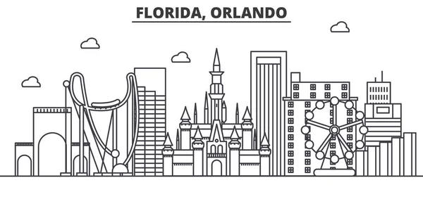 Florida Orlando linea di architettura skyline illustrazione. Paesaggio urbano vettoriale lineare con monumenti famosi, monumenti della città, icone del design. Tracce modificabili del paesaggio wtih — Vettoriale Stock