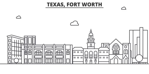 Ilustración del horizonte de la línea de arquitectura de Texas Fort Worth. Paisaje urbano vector lineal con monumentos famosos, lugares de interés de la ciudad, iconos de diseño. Paisaje con trazos editables — Archivo Imágenes Vectoriales