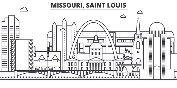 Missouri, Saint Louis architektura linie Panorama ilustrace. Lineární vektorové panoráma s slavných památek, pamětihodností města, ikony designu. Krajina s upravitelnou tahy — Stockový vektor