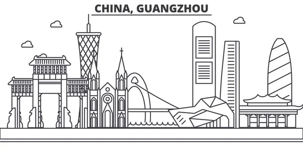 中国，广州建筑线天际线图。线性向量的景观，如著名的地标，市内的旅游景点，设计图标。景观与可编辑笔触 — 图库矢量图片