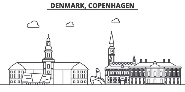 Danimarca, Copenaghen linea di architettura skyline illustrazione. Paesaggio urbano vettoriale lineare con monumenti famosi, monumenti della città, icone del design. Tracce modificabili del paesaggio wtih — Vettoriale Stock